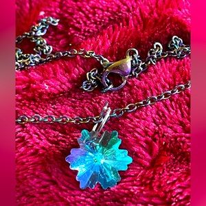 crystal necklace snowflake On multi colored chain, tiny color changing